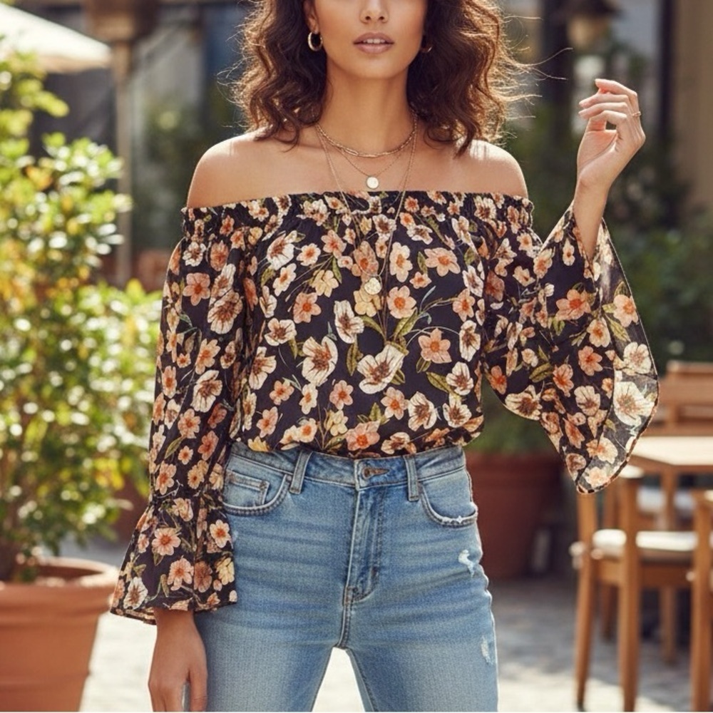 Topshop Off-Shoulder Ruffle Sleeve Floral Blouse